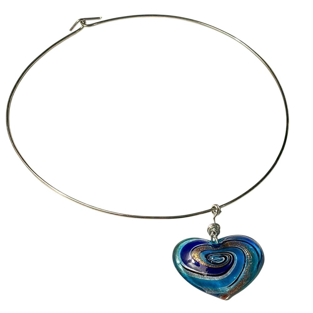Blue Swirl Heart Pendant Necklace Silver Tone Choker Glass Art Style